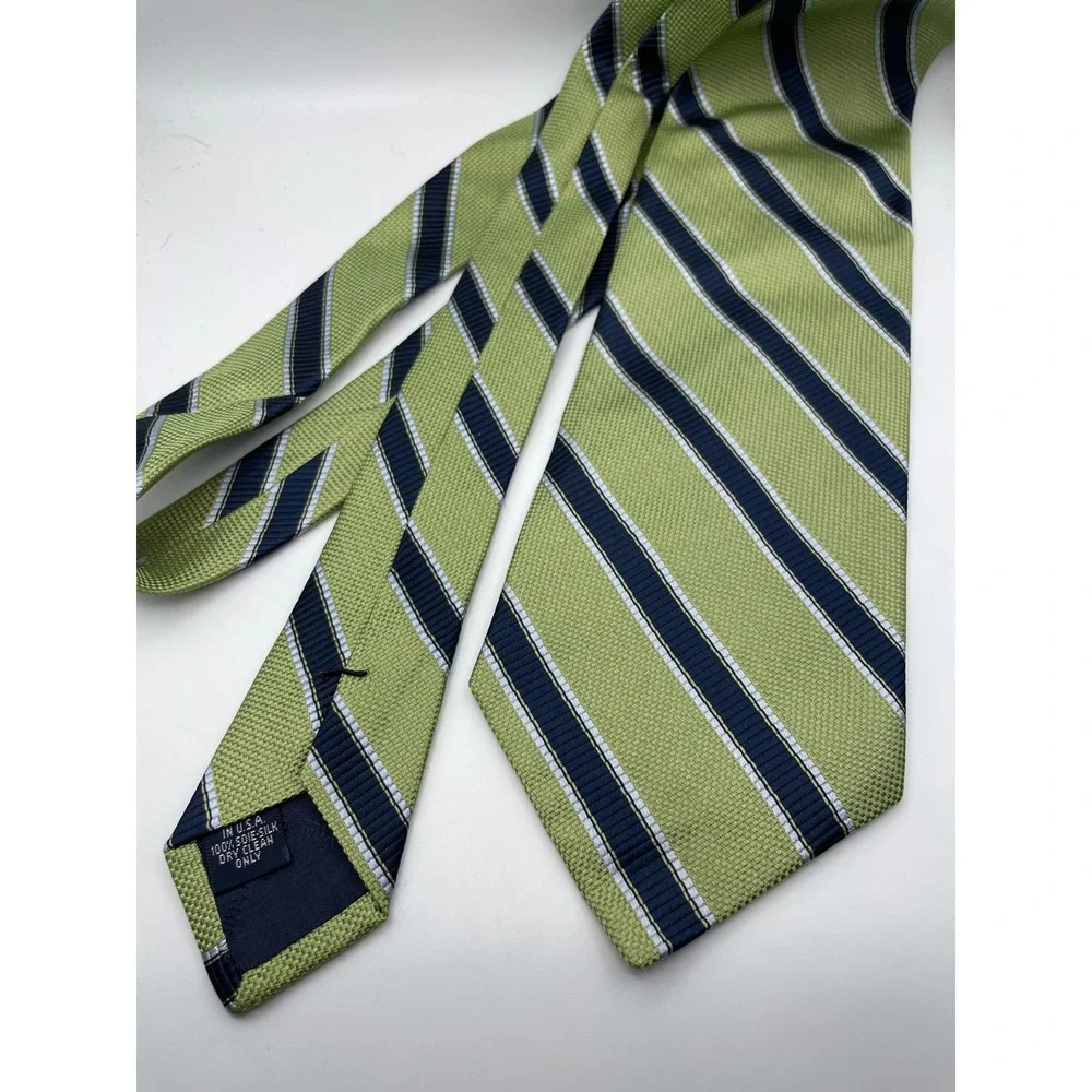 Cremieux Mens Silk Necktie Green Navy Blue Diagonal Striped Made in USA Classic